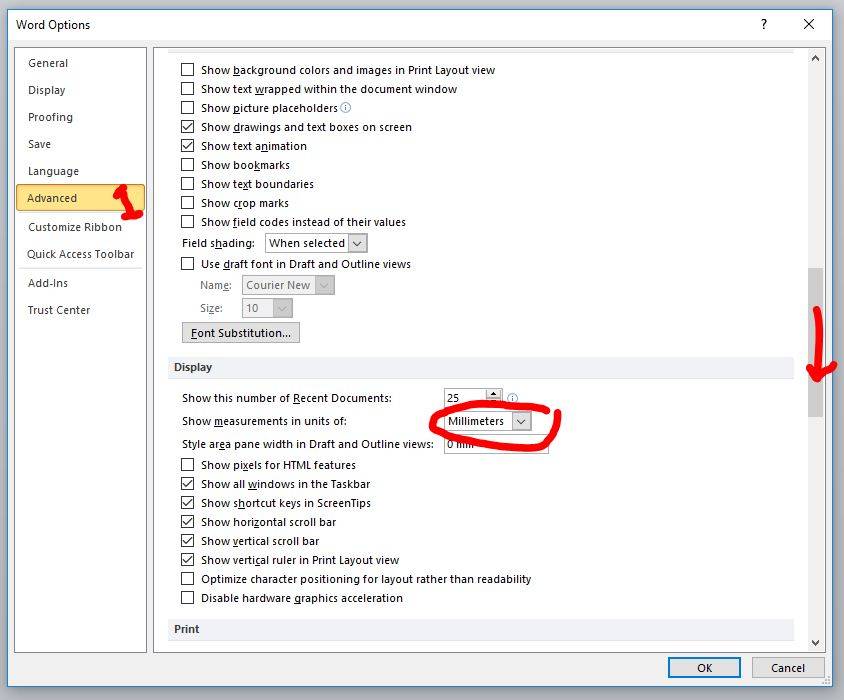 Measurement Setting Microsoft word from Inchi to cm or milimiter 02